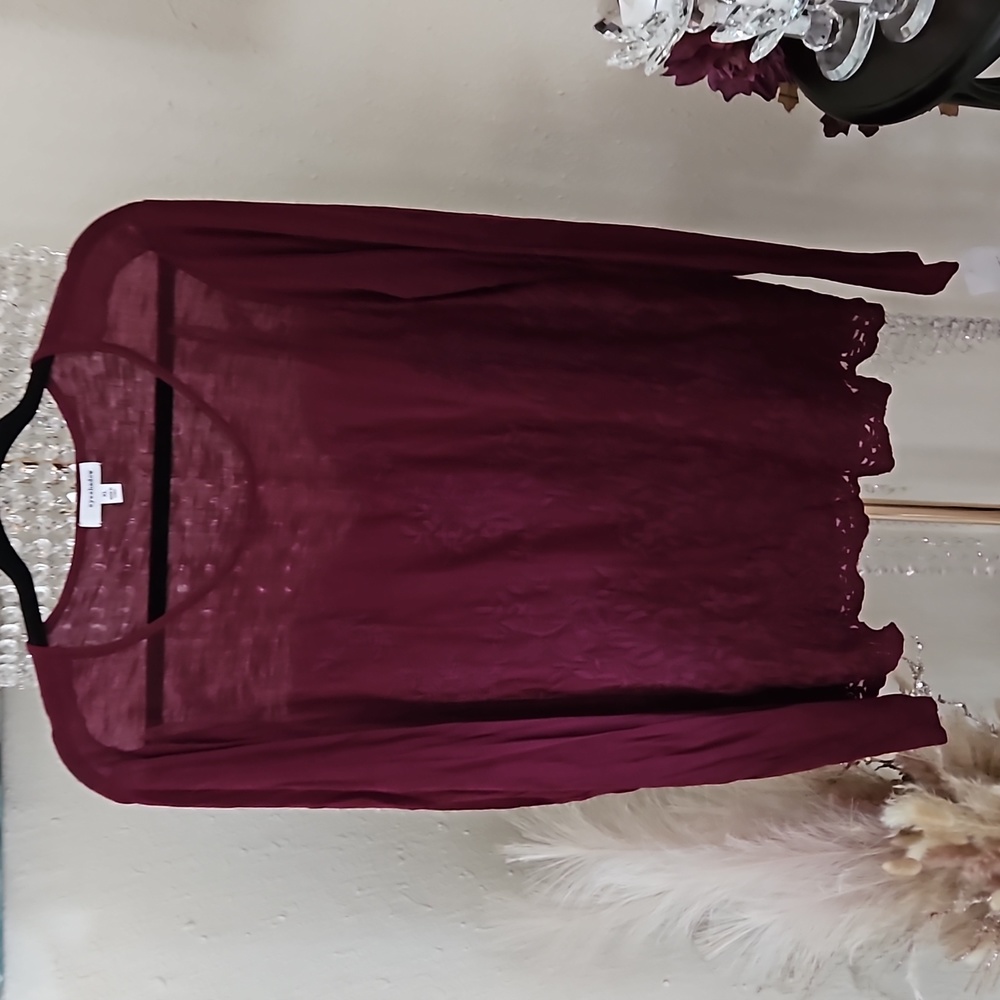 Burgundy Long Sleeve Lace Mesh Top